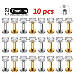 10Pcs/lot G23 Titanium Piercing Heart  CZ Labret Ear Stud Earrings For Women Square Shape Lip Stud Body Jewelry Helix Tragus