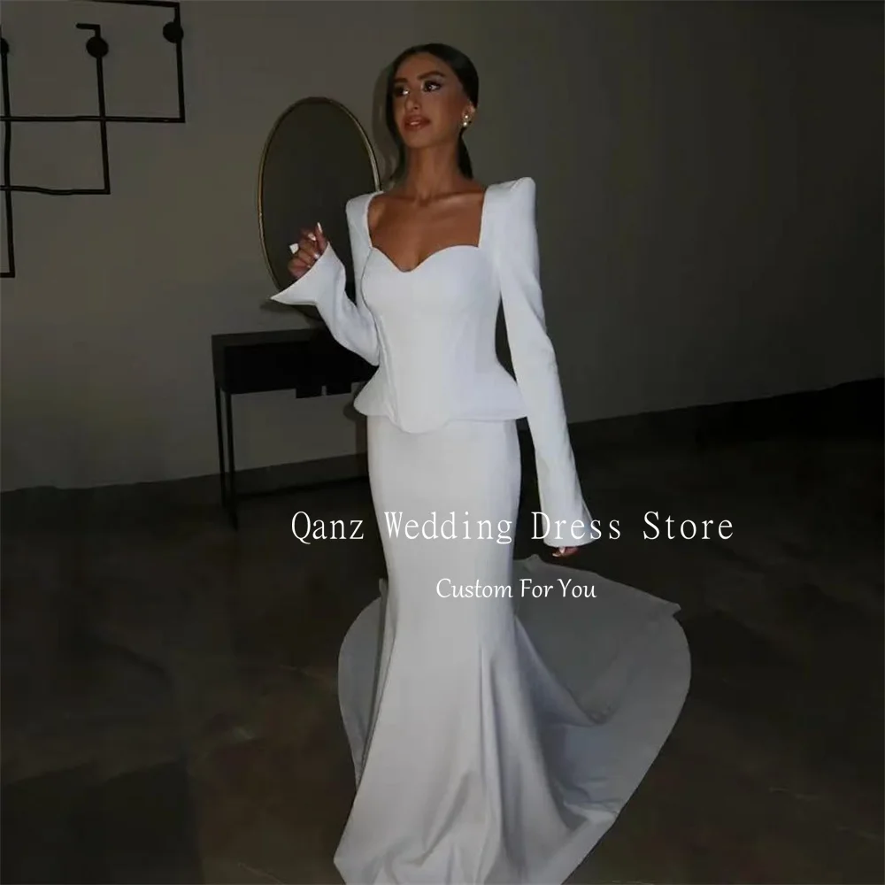 Qanz White Sheath Wedding Dresses Sweetheart Satin Long Sleeves Vestidos De Novia Boda Mermaid Corset Bridal Gowns Customized image 4