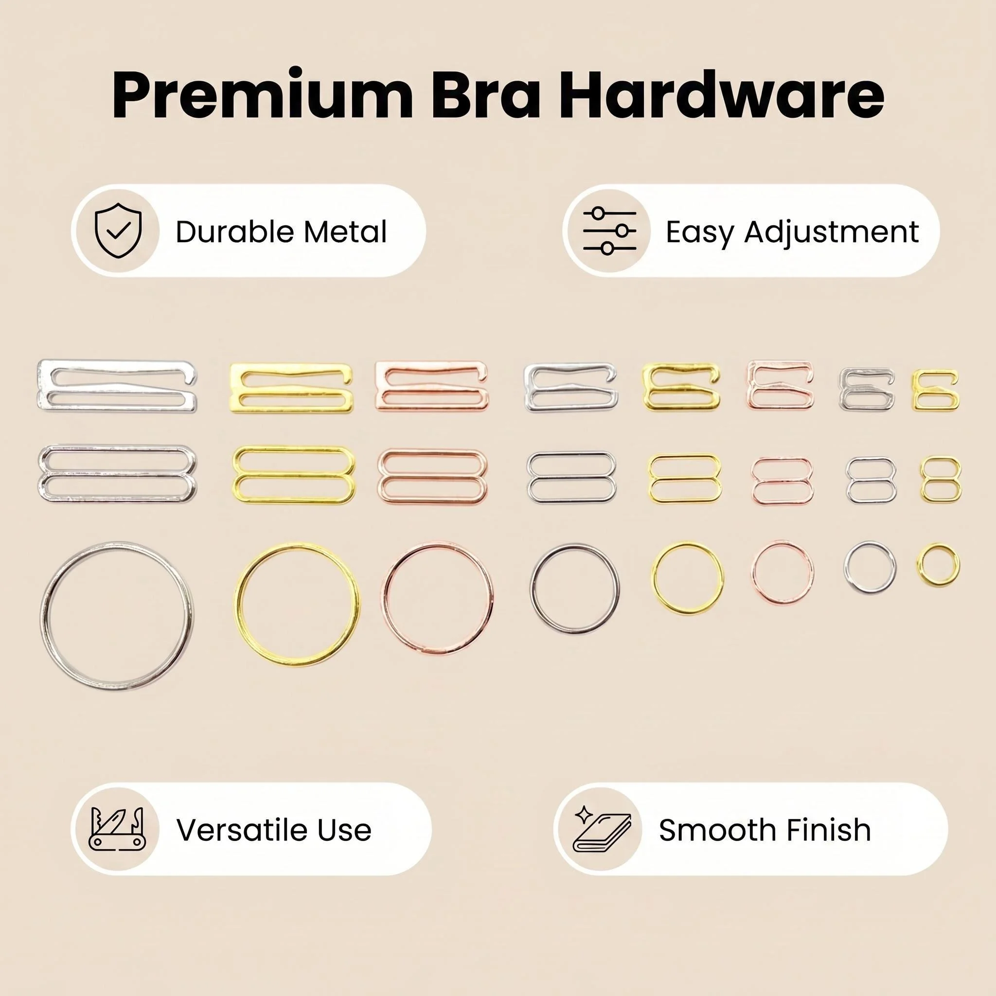 100 Stück 6mm~25mm Metall-BH-Ringe und -Schieber, Riemenversteller, Schnallen, Unterwäsche-Schieber, Ringclips zur Lingerie-Verstellung – Detail 1