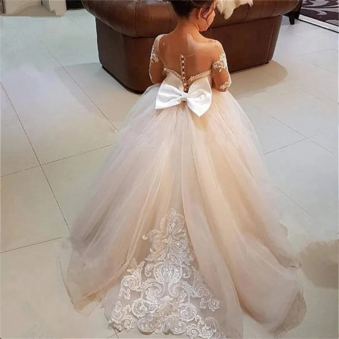 Communion Wedding Guest Child Kids Dress Long Sleeve White Ivory Flower Girl Dresses For Bridesmaid Lace Floral Tulle Skirt Ball