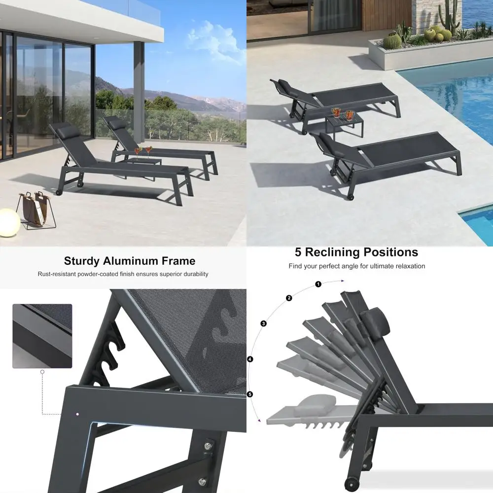 

Aluminum Frame Outdoor Lounge Chair Set for 3, Including Patio Chaise, Poolside Lounger, Side Table, and Wheels for Sunbathing a