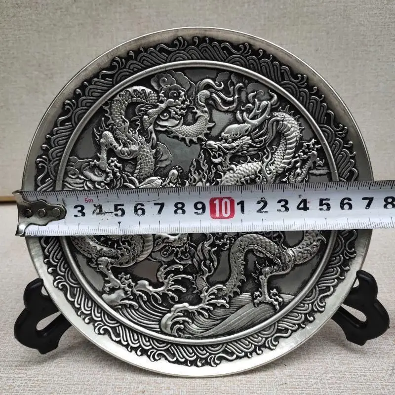 Antique bronze collection antique pure copper silver-plated relief Shuanglong plate appreciation plate pulp moisturizing home cr