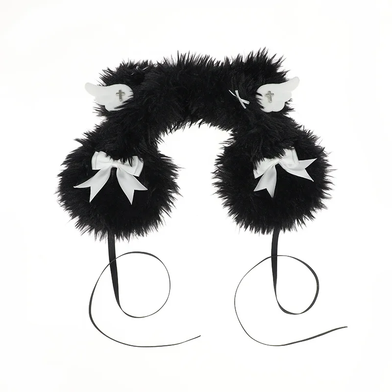 Peluche Cappello peloso Donna Ali invernali Harajuku Paraorecchie Lolita Kawaii Paraorecchie termici tinta unita Ragazze Y2k Mezzo cappello Accessori