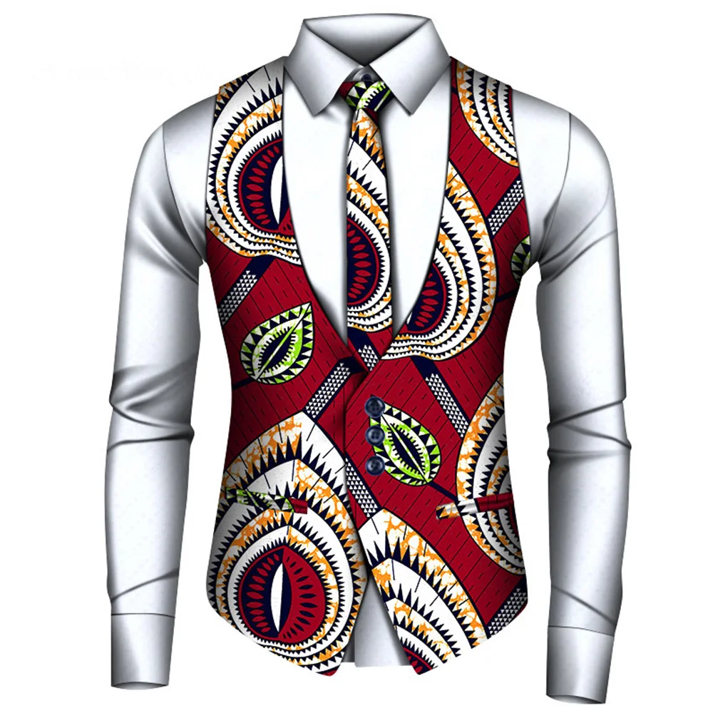 2024 New African Style Vest Men Africa Print Formal Business Casual Slim Vests Shirts Tie Set Men Prom Wedding Party Waistcoa