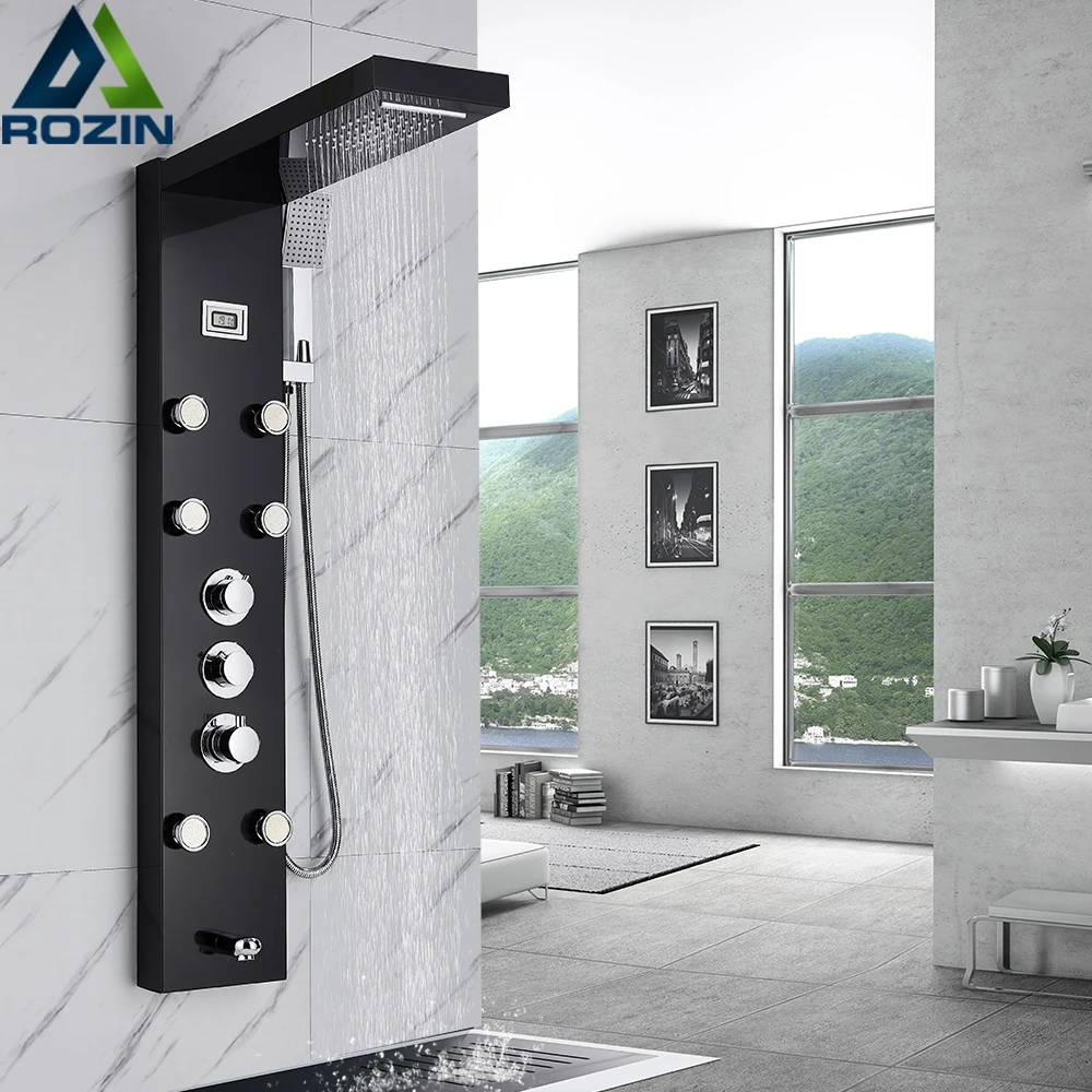 Rozin Thermostatic Bathroom Shower Panel Faucet Stainless Steel Massage System Rainfall Shower Column 5 modes Mixer Tap 1258