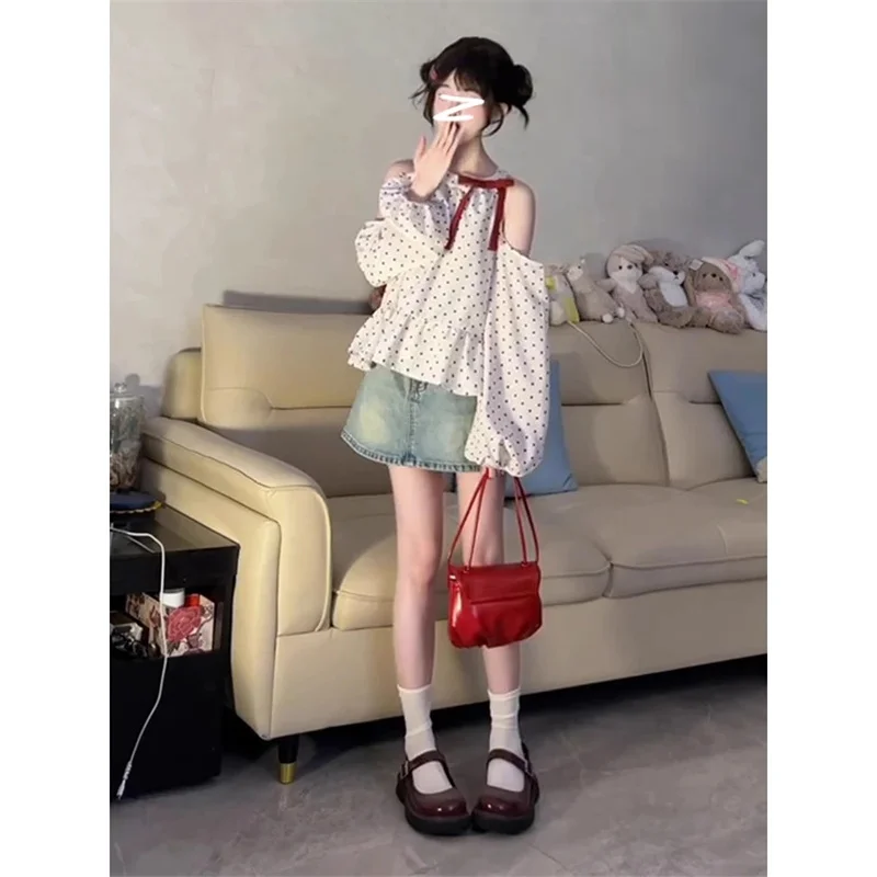 2025년 봄 여성용 스윗 폴카 도트 긴팔 디자인 센스 나비넥타이 셔츠 와이드 트러플 숄더 의류 WF