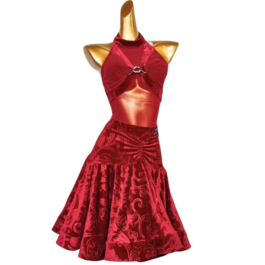 

New Red Latin Dance Dress Sexy Ladies Ballroom Party Show Costume Practice Wear Line Clothing Women Sport Party Top Skirt Suit