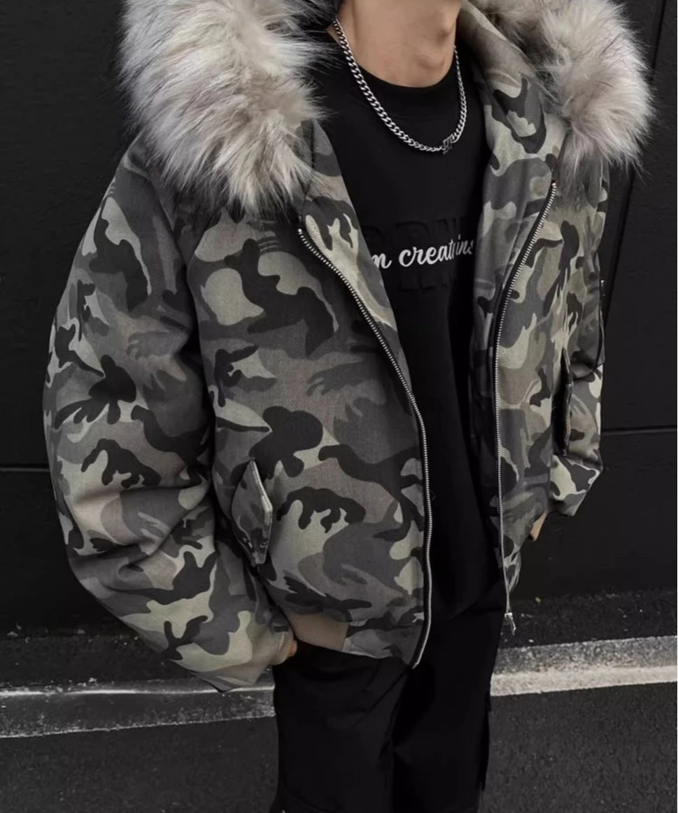 النمط الأمريكي التمويه الفراء طوق مقنعين مكافحة الباردة الشتاء معطف الشتاء 2025 الدافئة فضفاض جاكيت من الصوف العصرية رجالي معطف سميك #2