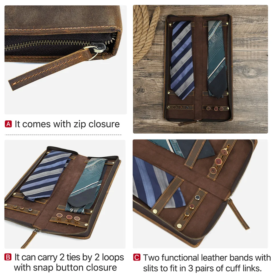 CONTACT'S FAMILIE Retro Leder Krawatte Organizer Box für Männer Krawatte Manschette Links Halter Reise Fall Lagerung Display Mäppchen Handgemachte – Detail 10