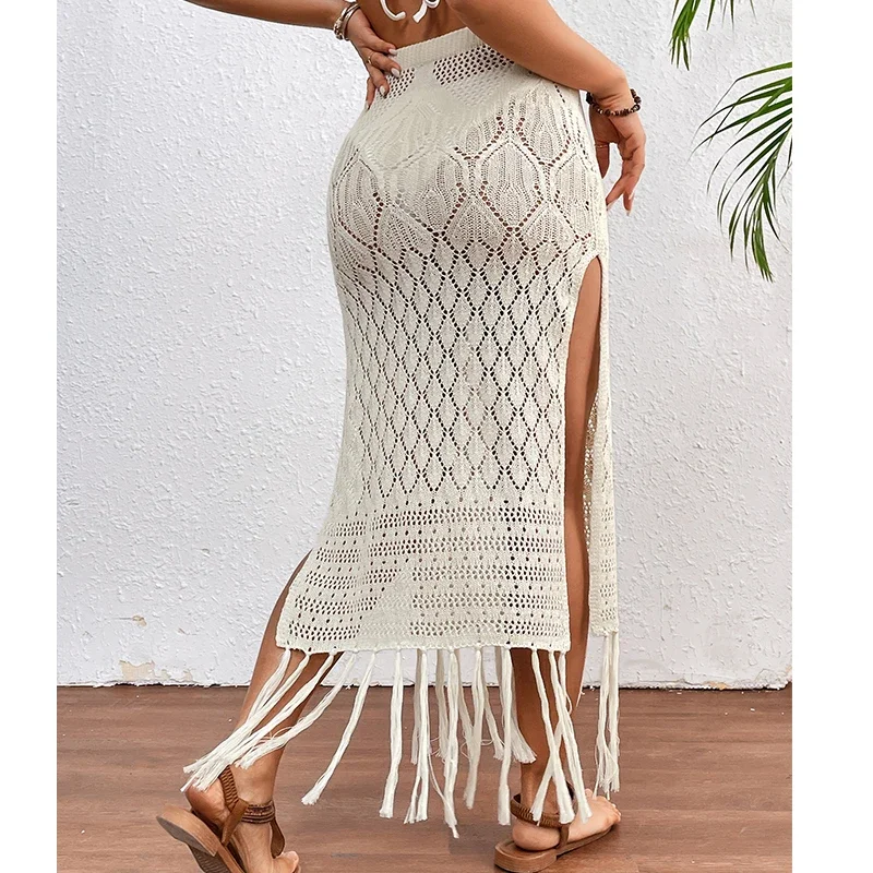 Frauen Gestrickte Textur Sarong Röcke Sexy Hohe Schlitz Quaste Cover-Up Strand Sommer Urlaub Eingewickelt Rock Bikini Cover Up