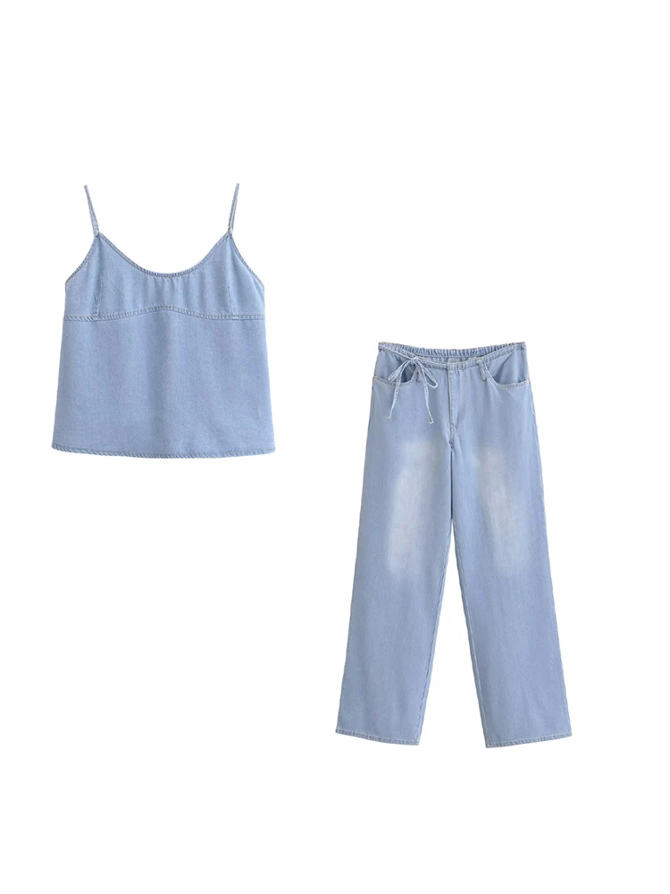 

UNIZERA Women's Thin Strap Bow Denim Top Solid Color Mid Waist Strap Pants Style Summer New Pants