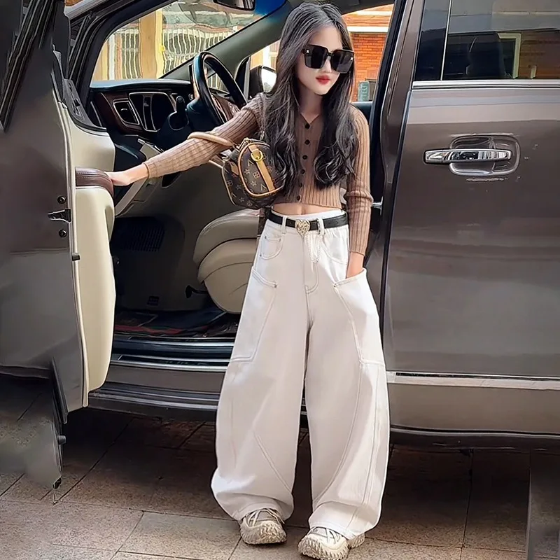 American Autumn Kids Girls Jeans UNITIM Young Teens Girls Girls Denim Pants Loose Versatile 4-14Yrs Junior Girls Straight Pants – Detail 1