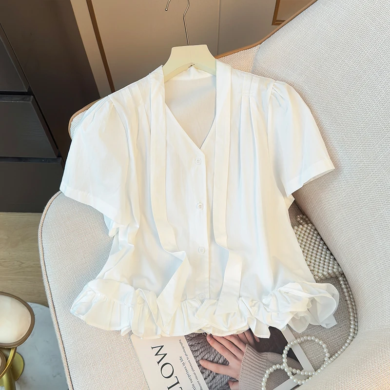 

Gagarich Design Inspired Wooden Ear Strap V-neck Sleeved Shirt Women Summer Sweet Youthful Temperament Single Breasted Short Top