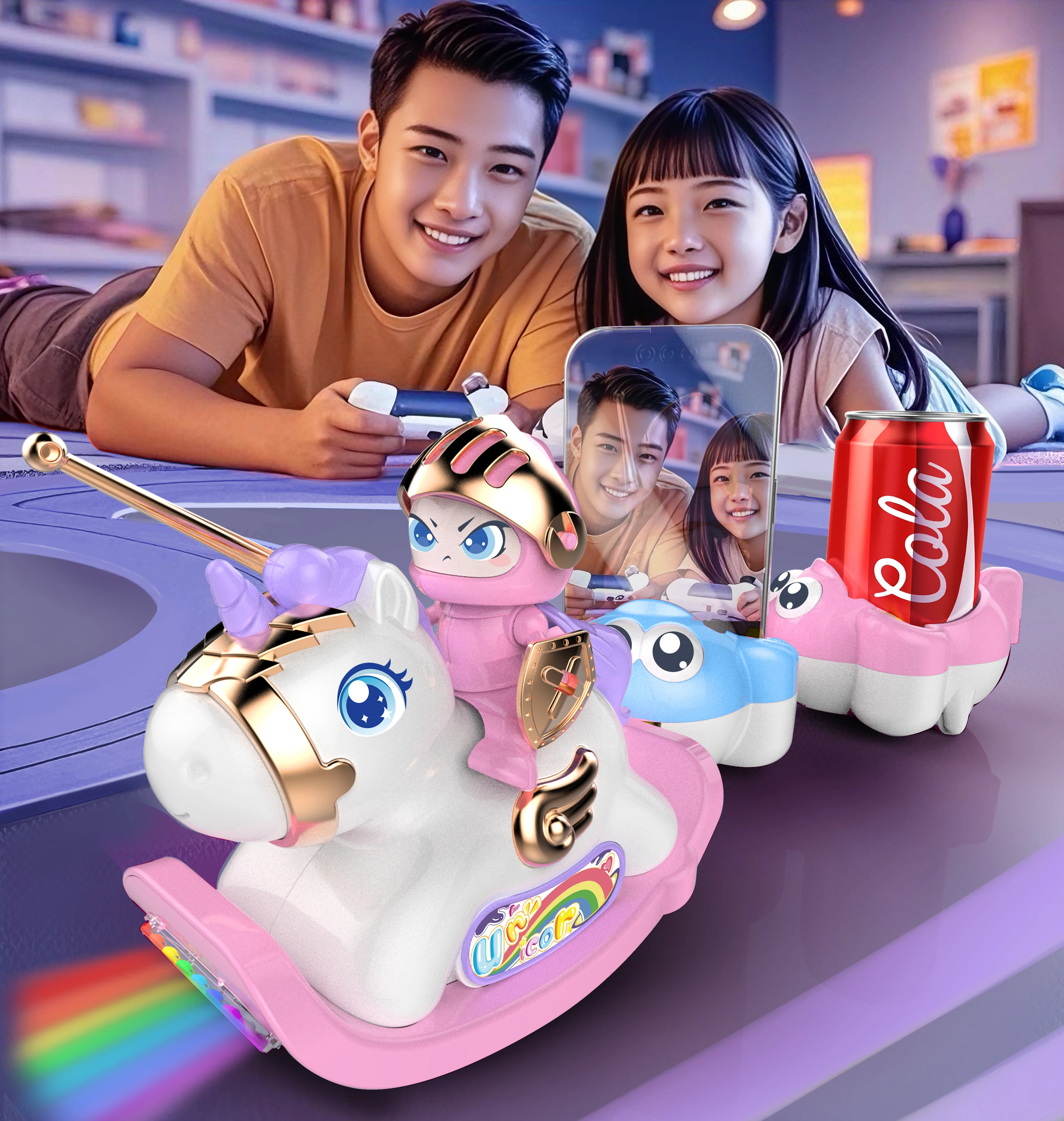 Crianças de controle remoto pára-choques carros 2.4g rc balanço animal elétrico cavalo de madeira brinquedo com reboque luz/música