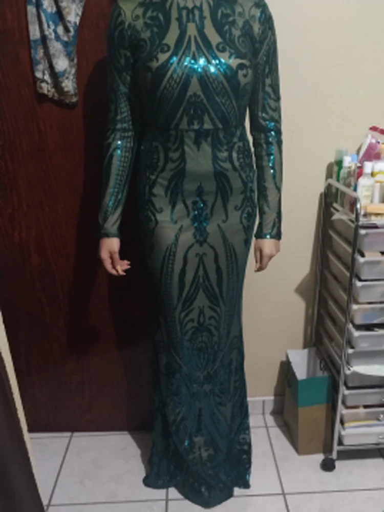 O Pescoço Manga Longa Vestido de Festa de Noite Stretch Lantejoulas Até o Chão Forro Completo Formal Prom Vestido de Casamento Ouro Vinho Verde 2024