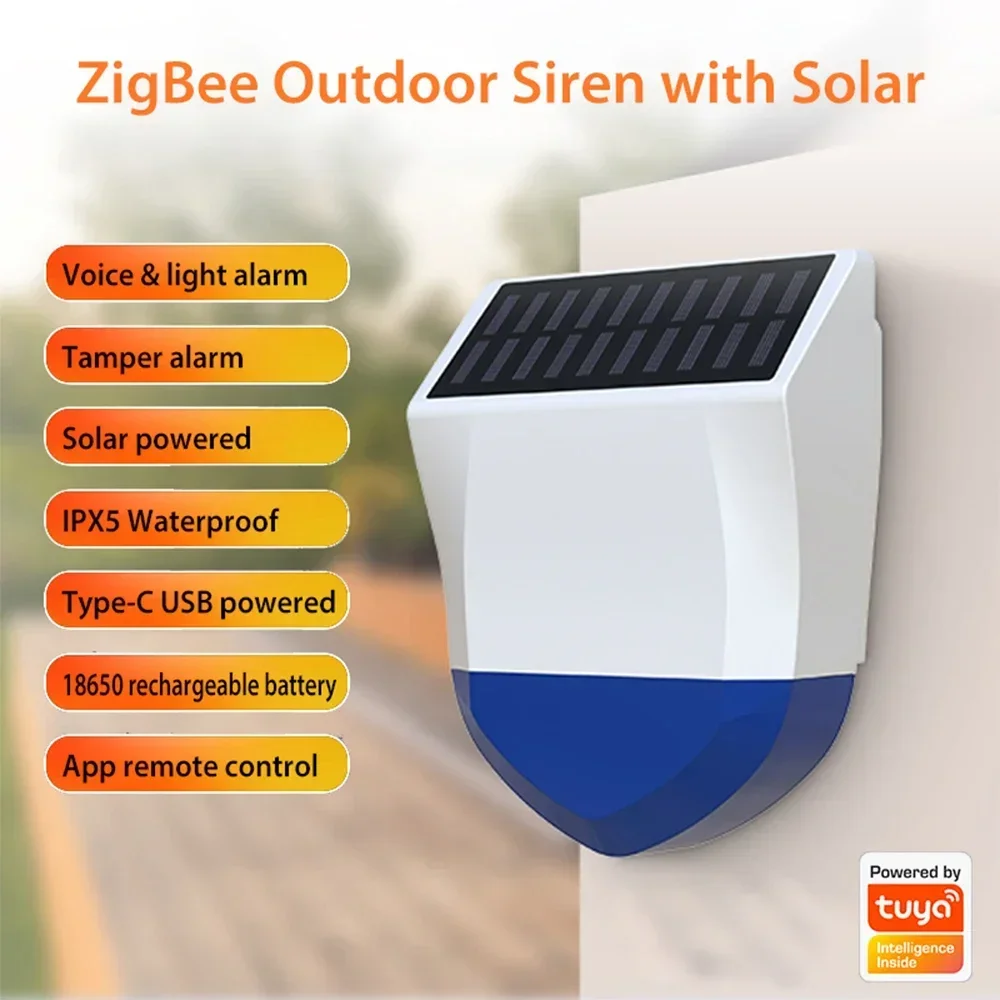 

Tuya Smart Siren Alarm Waterproof Outdoor With Solar And USB Power Supply Optional Zigbee/Wifi 95dB Remote Control