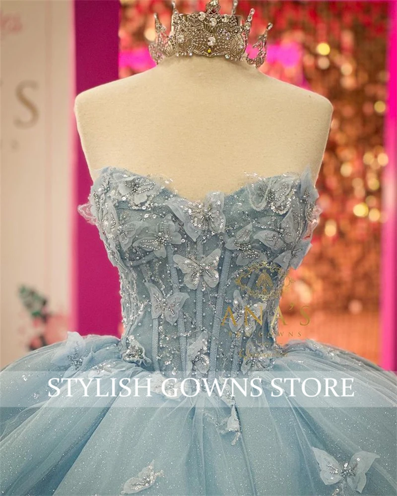 Gaun Princess biru Sweetheart Ball Quinceanera untuk anak perempuan manik-manik 3D bunga pesta ulang tahun gaun pesta Prom Bow Robe De