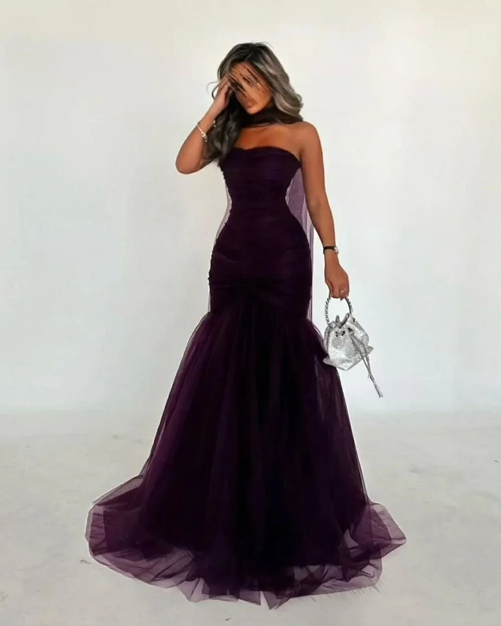 

2025 Elegant Strapless Tulle Mermaid Prom Dress Pleated Long Formal Dress Saudi Arabic Evening Party Gown Customized