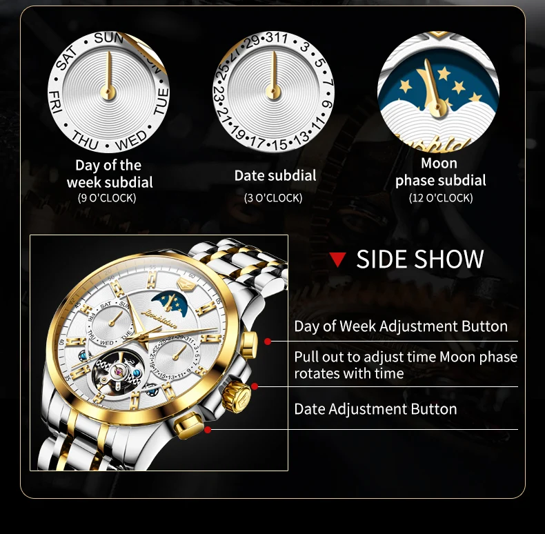 JSDUN Original Automatic Watch for Men Multifunctional Skeleton Hollow Stainless Steel Calendar Moon Phase Luxury Wristwatch Men