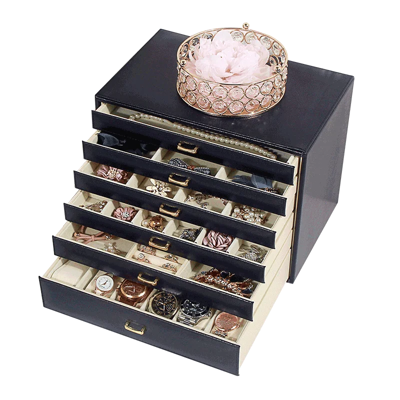 Factory Wholesale 6 Layers PU Leather Jewelry Box Storage Case Display Organizer Ring Necklace Earring Christmas Gifts for Girls