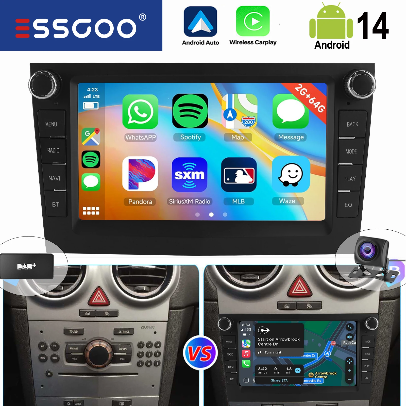 ESSGOO Black Carplay For Opel/Vauxhall Corsa D Astra H Zafira Android 14 GPS NAVI AI Voice Control 7” Car Stereo WIFI BT SWC RDS image 3