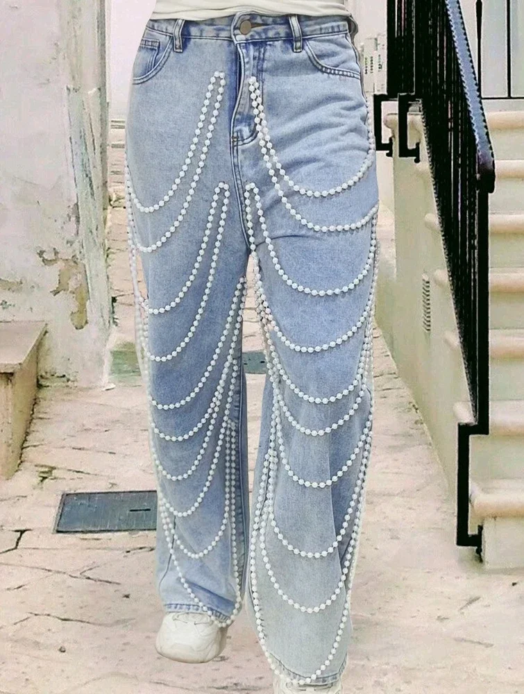 

Jeans Women Straight Pants High Waist Beading Washed Distressed Vintage Pockets Button 2025 Streetwear Female Denims Trousers