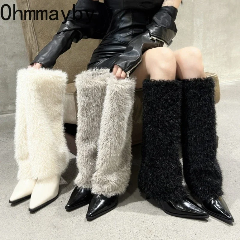 

Winter Fashion Women's Knee-High High Heels Boots Pointed Toe Furry Women's Long Booties Botas Para Mujer Сапоги Трубы Женские