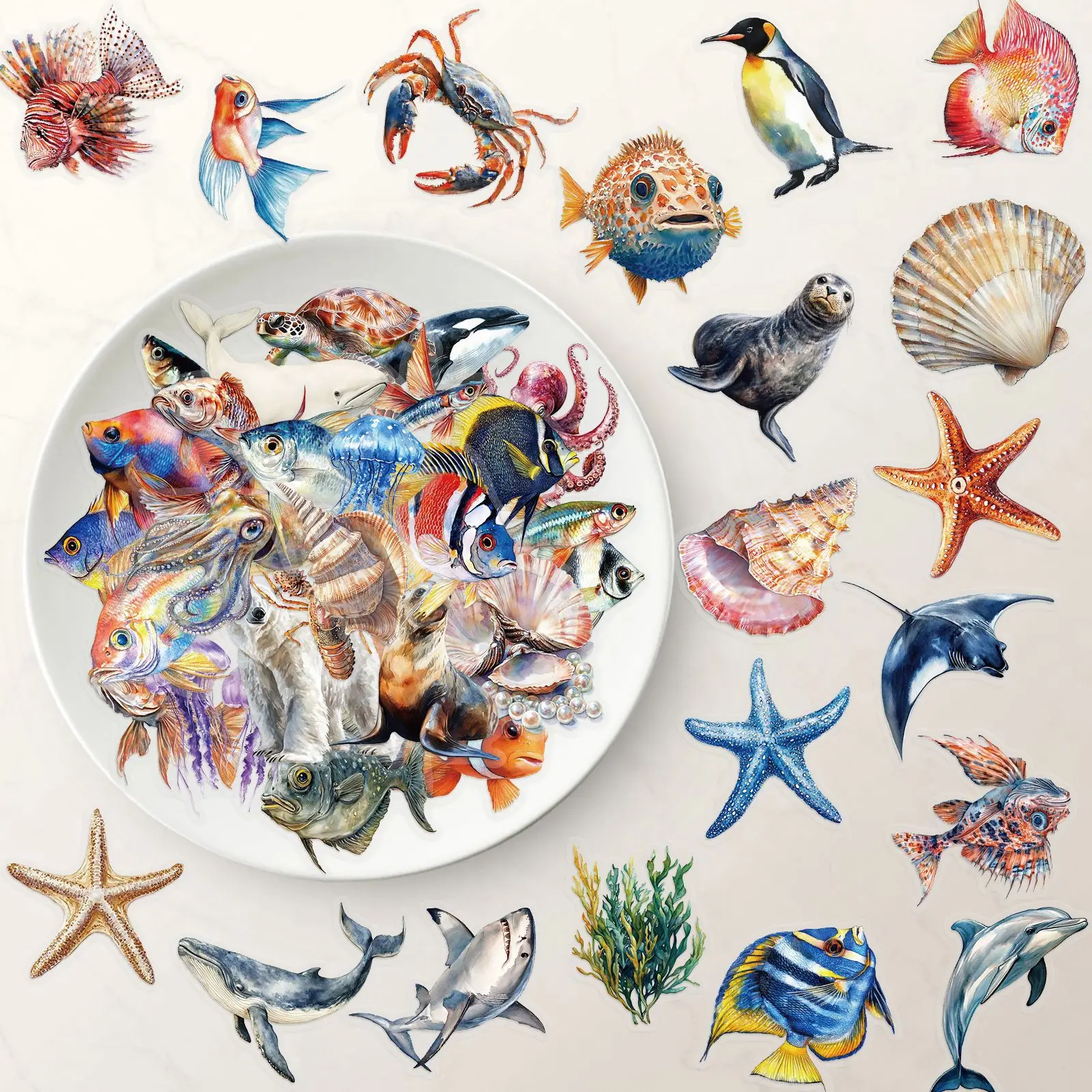 

50pcs Marine life sticker bag transparent PET hand account starfish shell whale material decoration guitar notebook