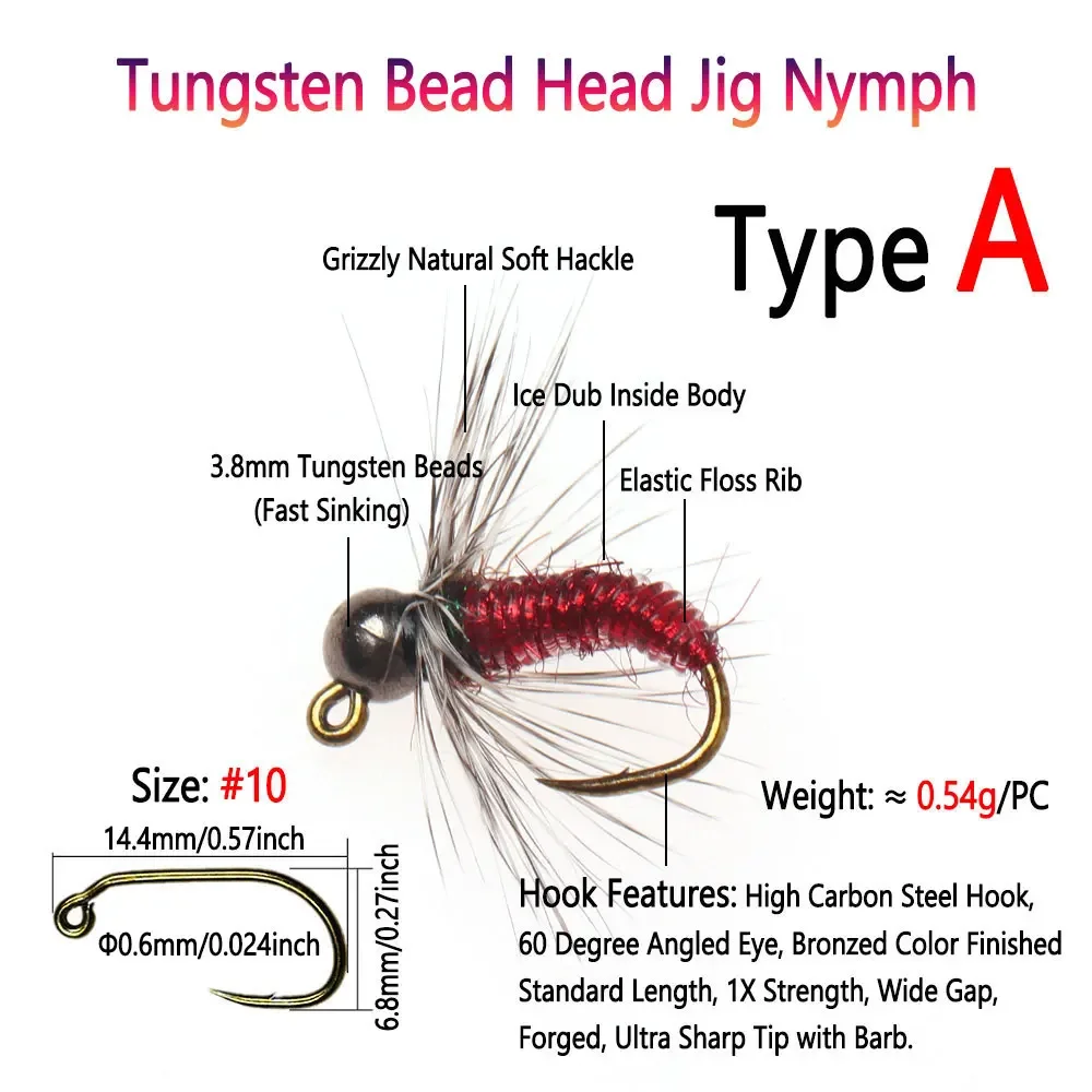 Bimoo 3/6PCS #10 Barbed Tungsten Bead Head Jig Nymph Fly Grizzly Hackle Fast Sink Wet Euro Nymph Fly Trout Fishing Lures Baits