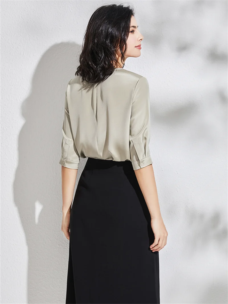 بلوزة صيفية وخريفية مفرغة برقبة دائرية نصف كم 2026 قمصان جديدة من الساتان blusa manga larga mujer