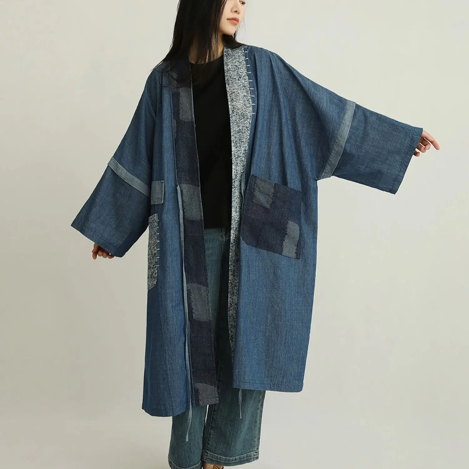 

LZJN Women's Vintage Denim Patchwork Trench Coat - Loose-Fit, Belted, Comfortable and Versatile, Perfect for Fall.