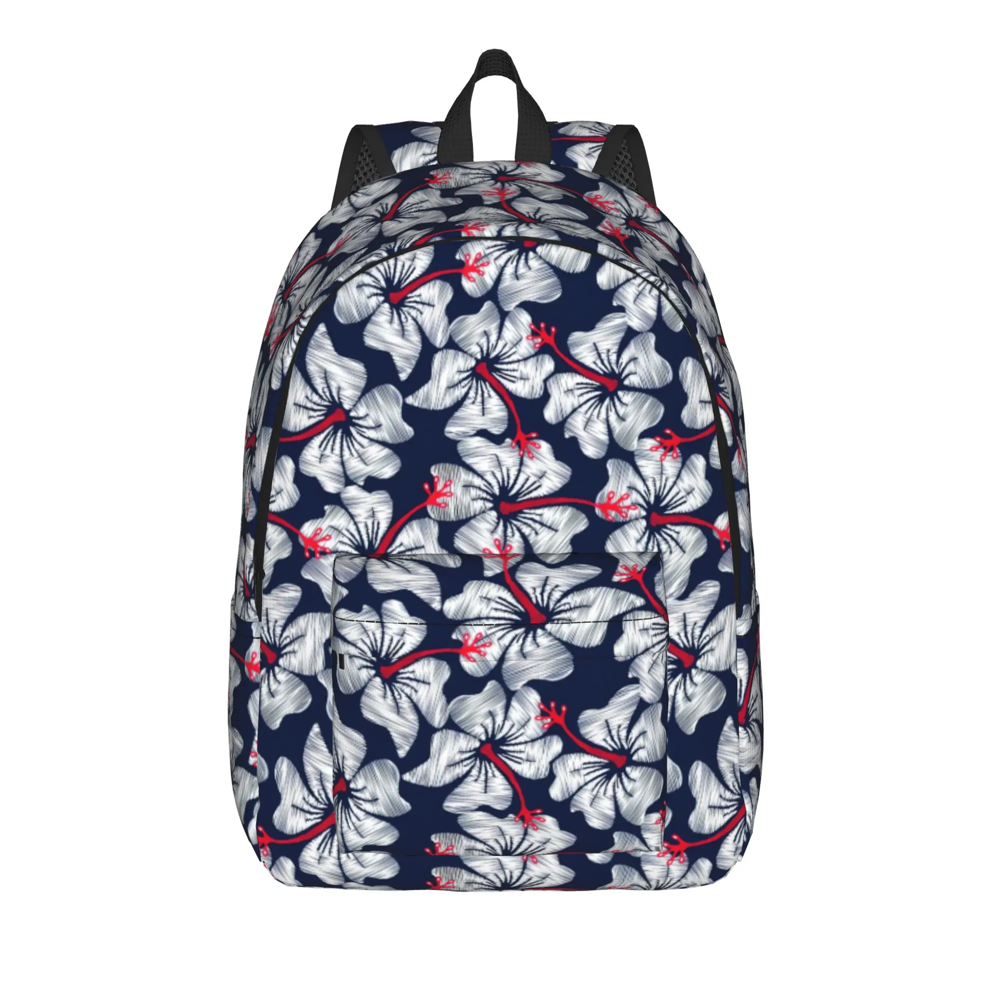 White Hibiscus Embroidery Floral    Backpack Student  Print Backpacks Polyester Casual High School Bags Travel Design Rucksack