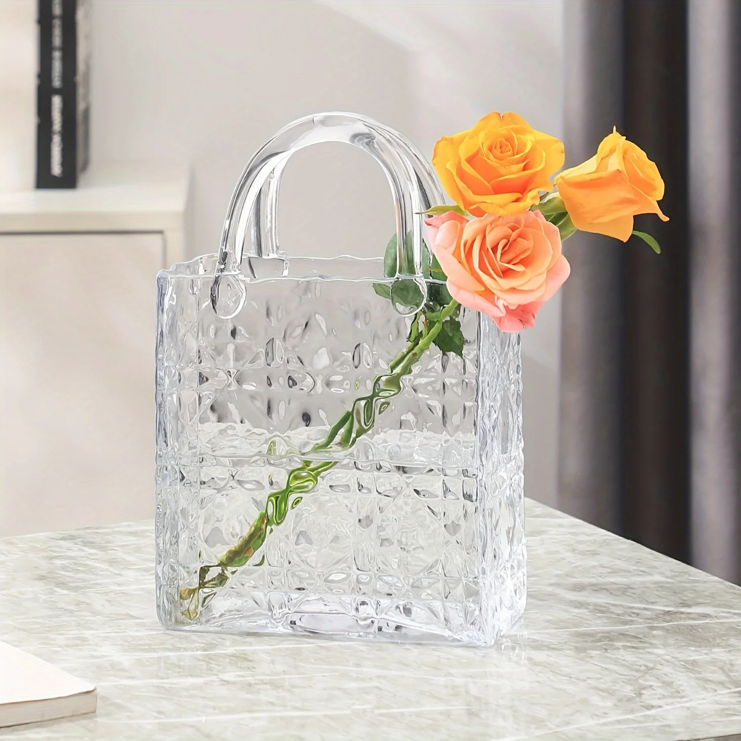 

12 Inch Large Glass Purse Vase - Embossed Pattern For Flowers - Clear Bag Vase For Wedding, Living Room, Table, Office(Tote)