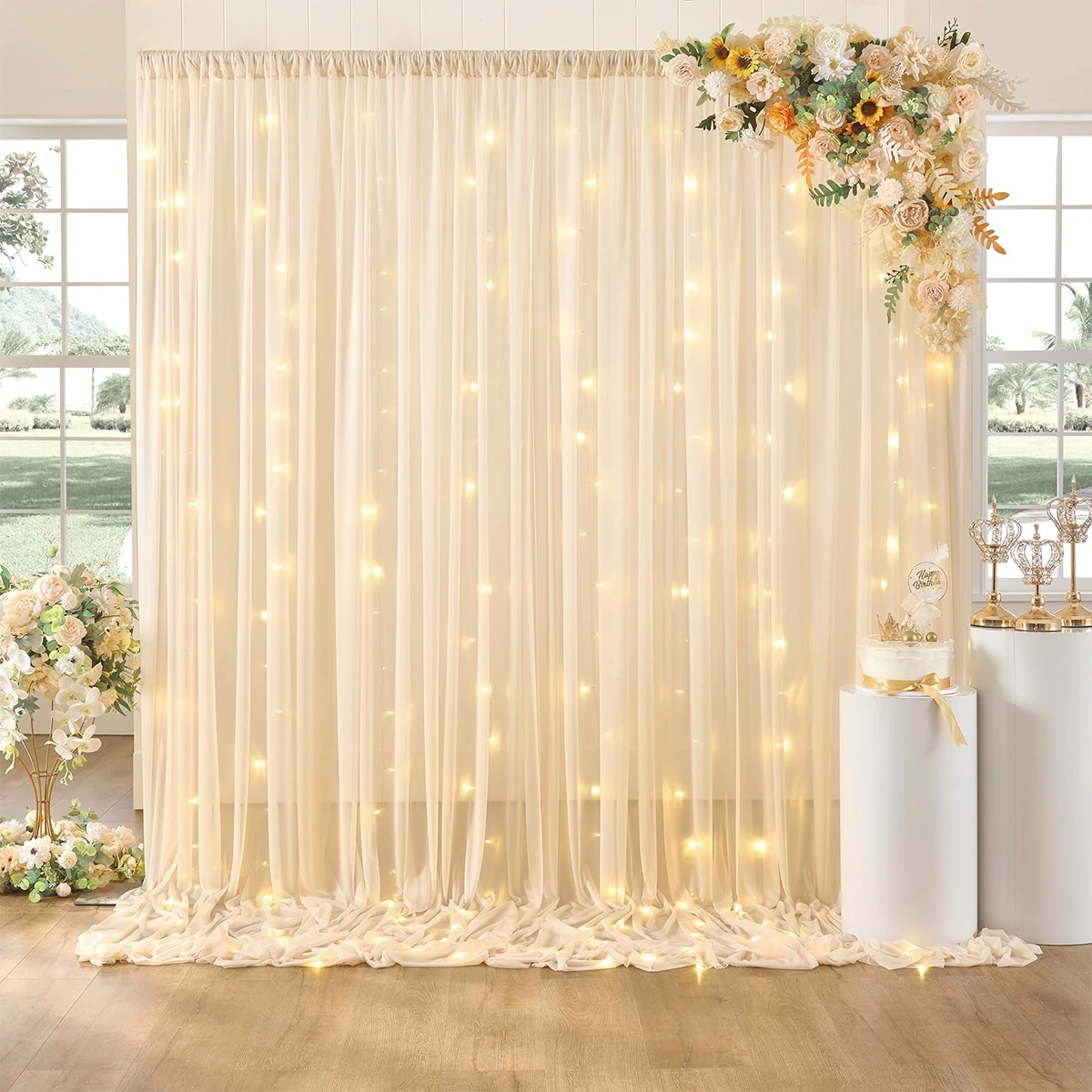 Mesh Curtain Garland with Warm Light String Rustic Wedding Decor for Home Christmas Baby Shower Birthday Party Supplies Backdrop