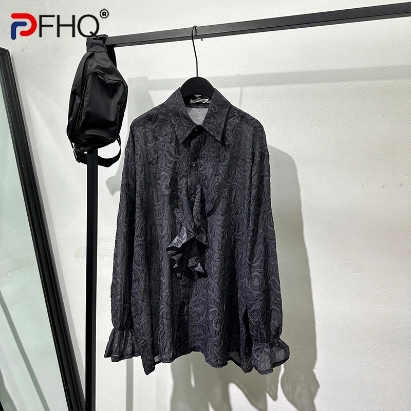 

PFHQ Men's Folded Embossed Long Sleeve Shirts Summer Luxury Sexy Thin Breathable Print Perspective Sun Protection Tops 21Z4919