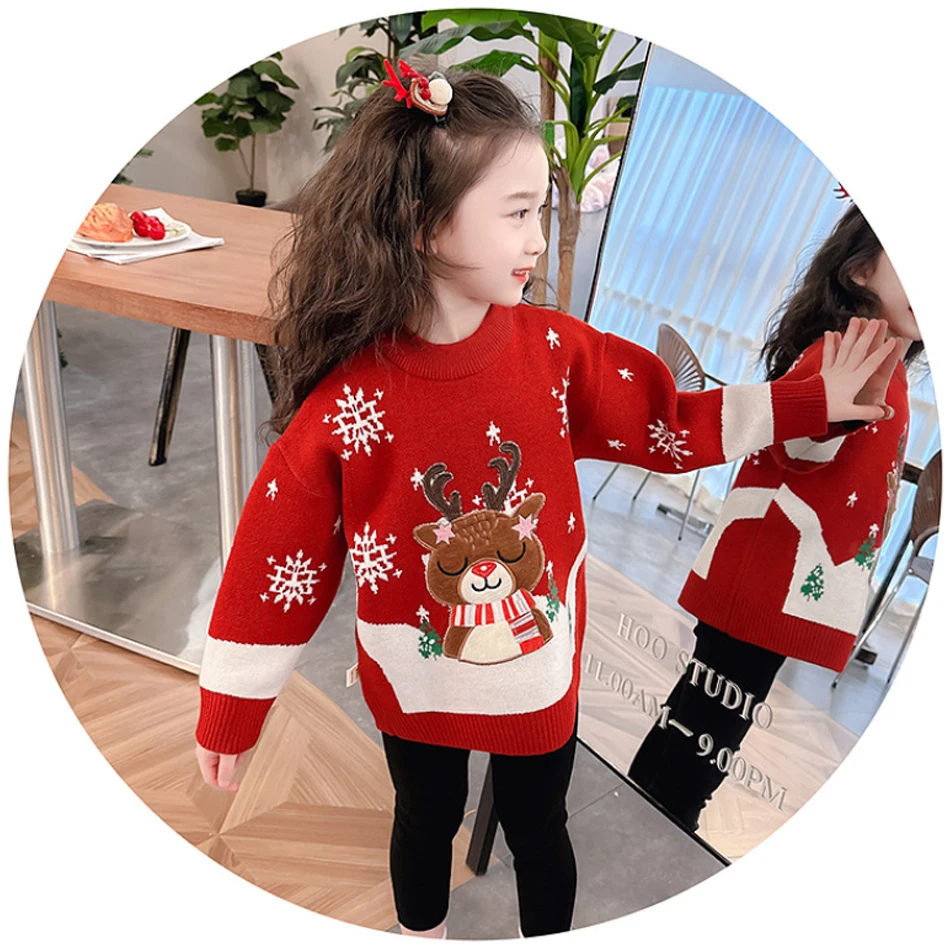 Kids Christmas Red Sweater Reindeer Snowflake Pattern Clothing Girls Fantasy Xmas Carnival Party Costume New Year Cartoon Outfit