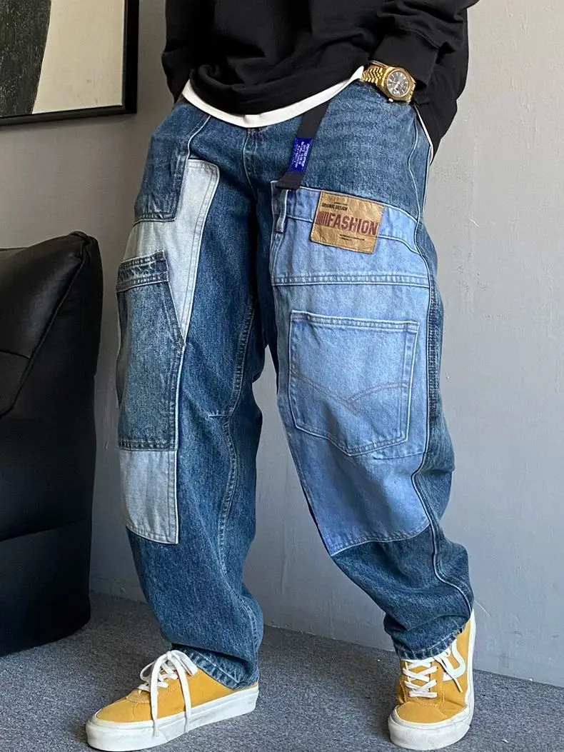Men's Patchwork Pattern Design Baggy Jeans Cool Boy Street Style Bottoms Casual Pants Fashion Wide Leg Trousers Male Sweatpants