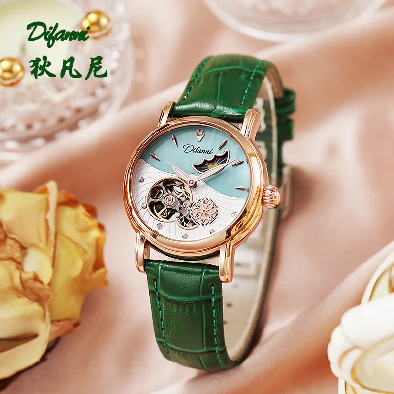 Difanni Rose Gold Watch Woman Stainless Steel Mechanical Wristwatch Luxury Auto Self-Wind Luminous Female Relogio For Women