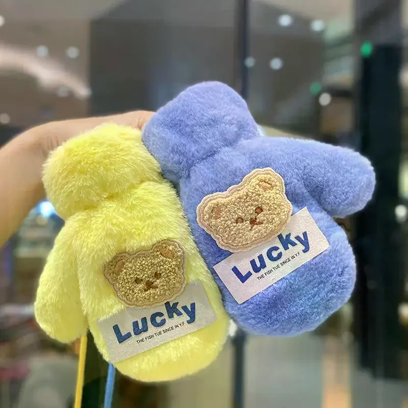 الشتاء الاطفال فروي شنقا الرقبة قفازات الطفل سميكة فو الفراء القفازات الكرتون لطيف الدب أفخم قفازات #2