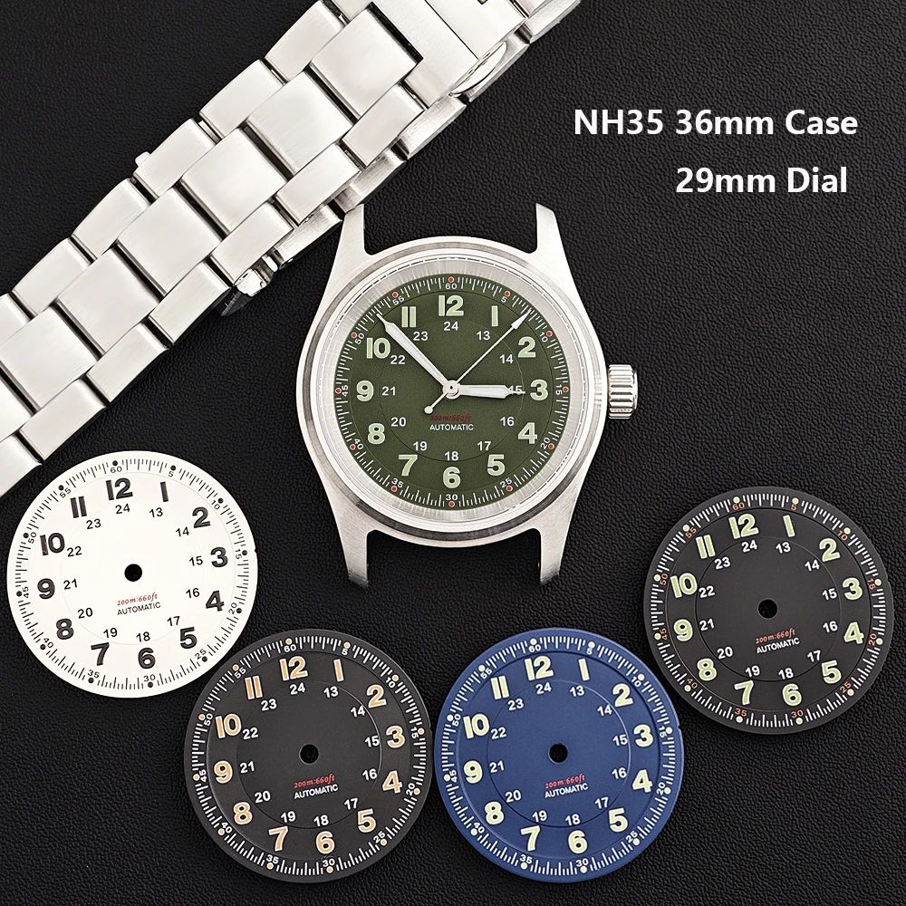 NH35 36mm Pilot Watch Case 29mm green luminous Dial Sapphire Glass Stainless Steel Case Fit NH35 NH36 Movement Customizable Logo