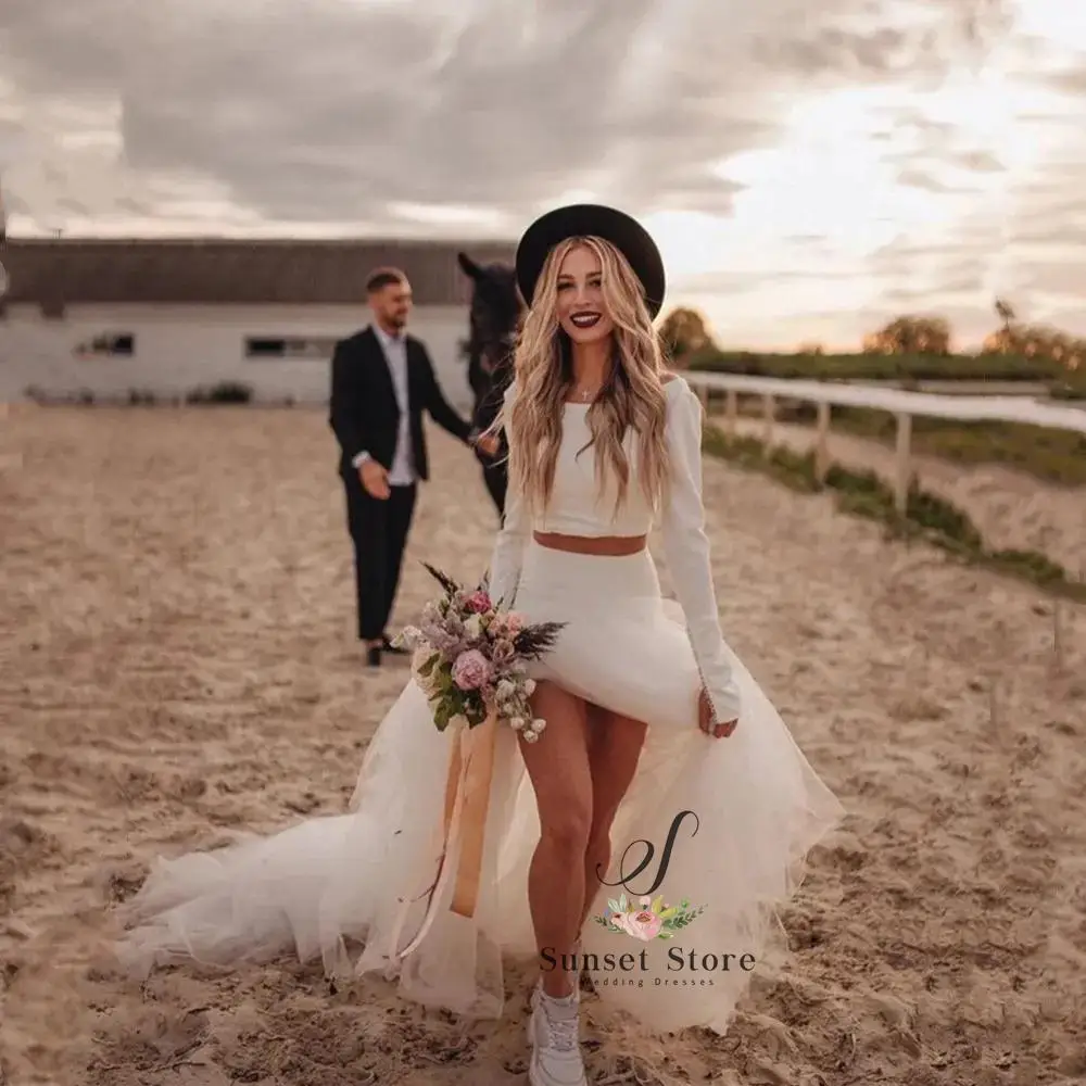 

Customized Two Pieces Wedding Dresses Mermaid Simple Tulle Long Sleeve O-Neck Bridal Gown Vintage Beach Bride Dresses