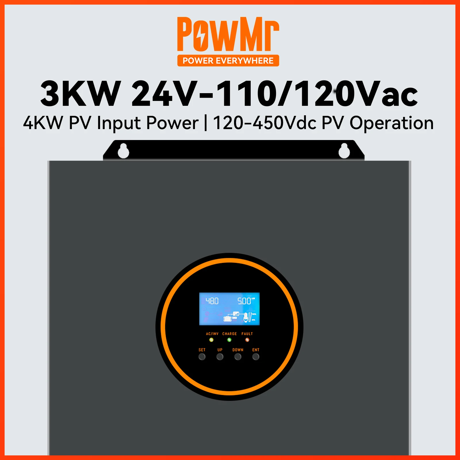 PowMr 3KW 24V Solar Inverter Hybrid MPPT 80A 120V-450Vdc Off Grid Pure Sine Wave Inverter Max PV Input Power 4000W 110V 120V