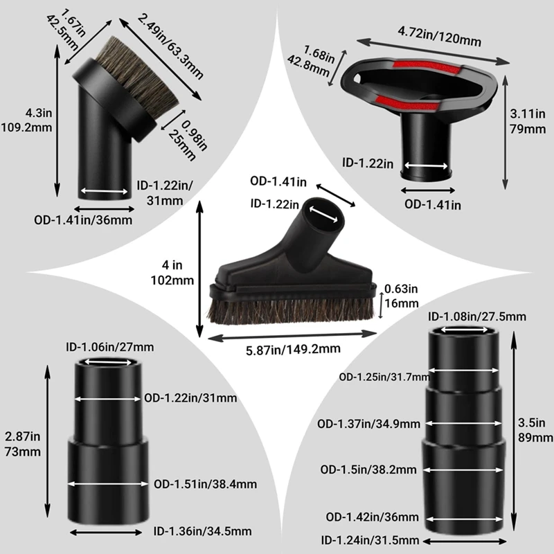 Spazzola sottovuoto spazzola morbida per crine di cavallo accessori per vuoto, adattatori per tubi da 1-3/8 di pollice a 1-1/4 di pollice