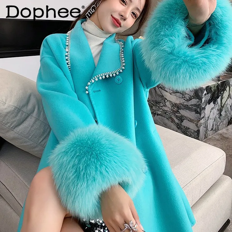 Office Lady Mid-Length Beaded Coat Autumn Winter New Fashion Faux Fox Fur Stitching Long-Sleeved Woolen Coats and Jackets Women