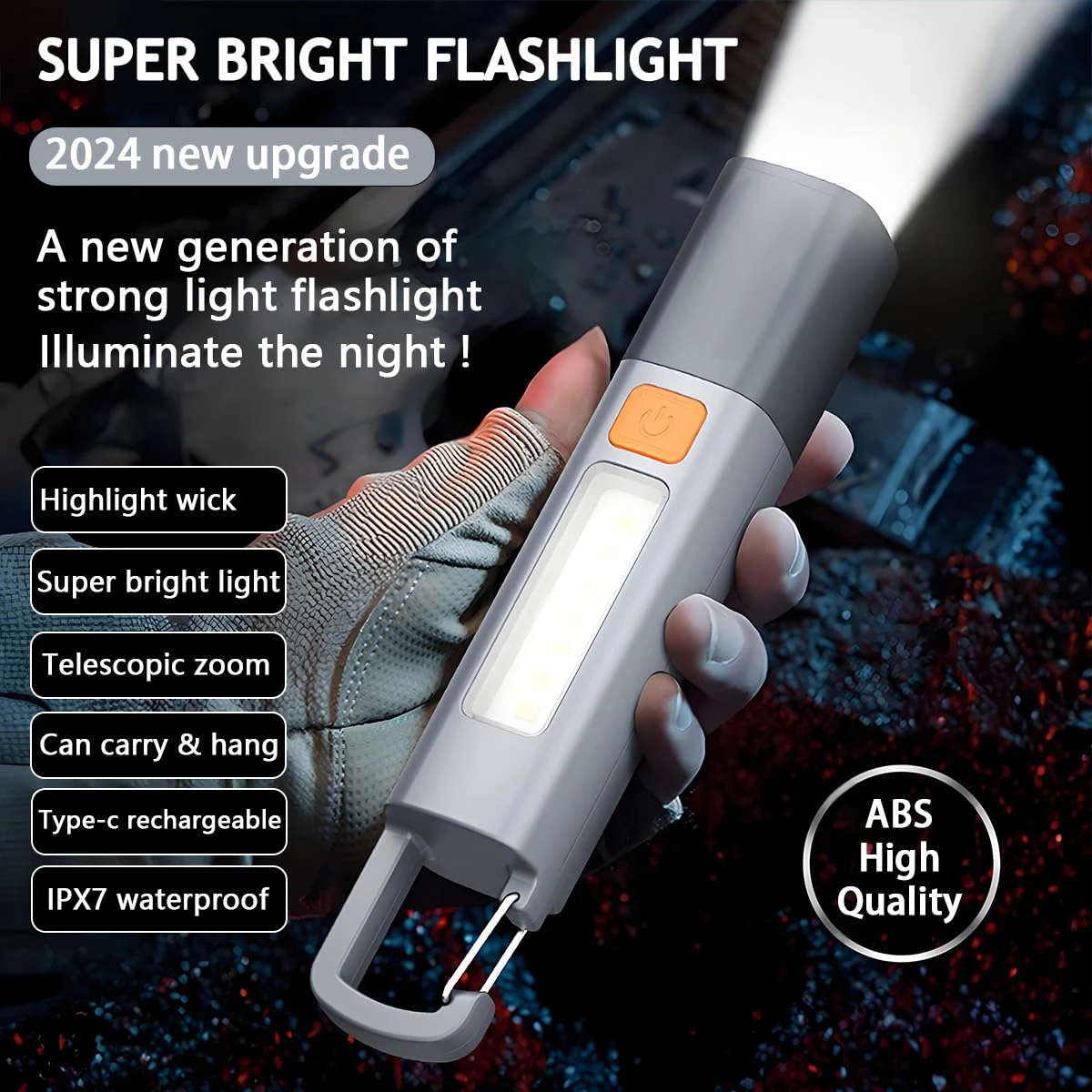 LED Flashlight With Hanging Hook Strobe For Camping Bright Torch Waterproof Zoomable Portable COB Light Lighting Emergency Super