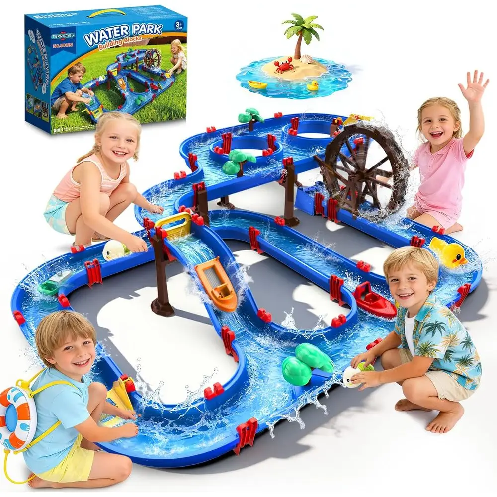 

TERUS 2-Tier Water Table Toys with Watermill or Kids, Upgraded Large 115PCS Water Park Playset, Summer Toys DIY Waterways or Bac