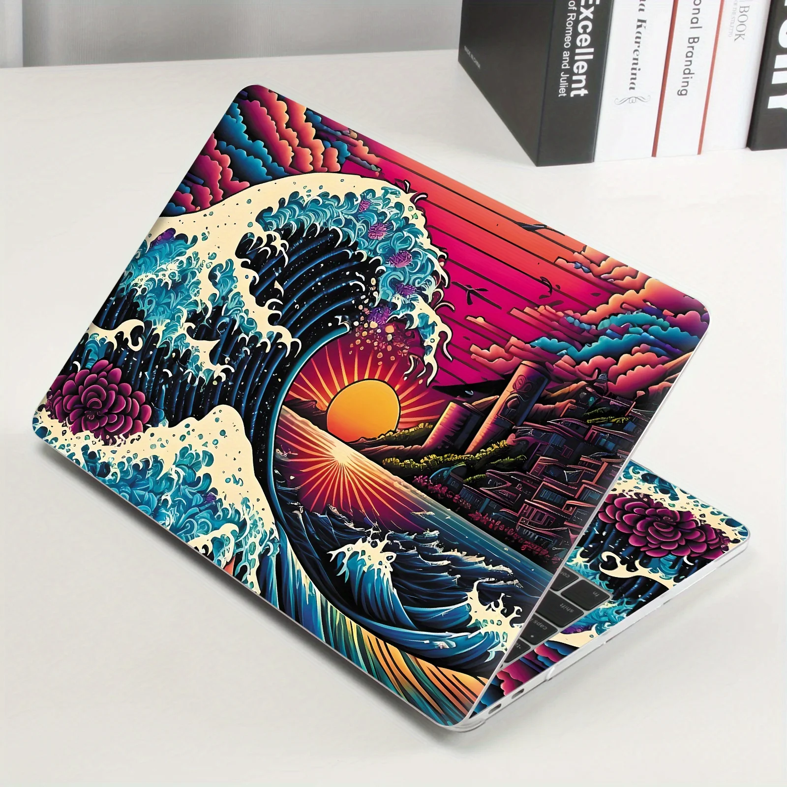 2 Wave Rendering Laptop Stickers, Self Adhesive, for 30.48-39 Laptop Case Decoration - Vivid Ocean and Sunset Design,