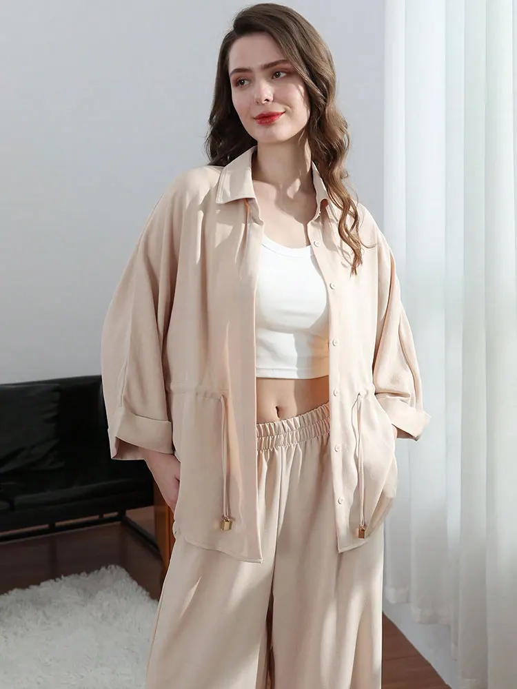 HH Women Fashion Pant Suit Lace Up Blouse Kimono Shirt Top Elastic Waist Wide Leg Pant Spring High Street Chic Sets image 5