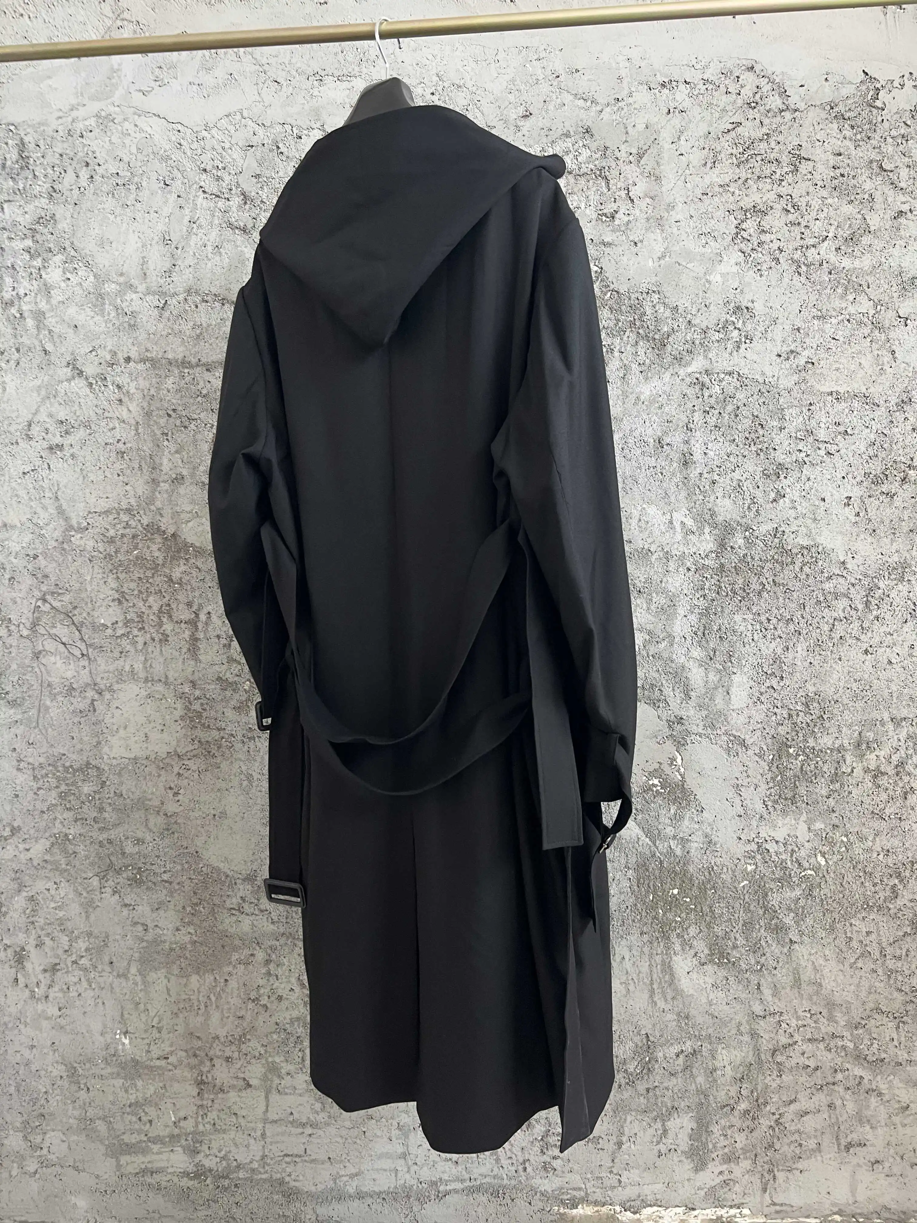 معطف متوسط الطول برباط بغطاء للرأس من TOP-YAMAMOTO، تصميم أصلي أسود، معطف كاجوال بخط رئيسي للرجال #5