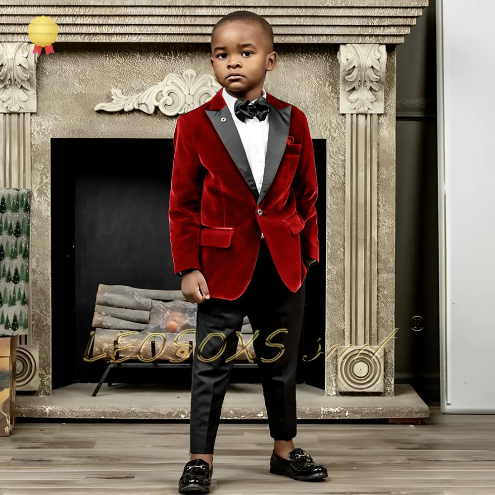 Elegant Boys’ Formal Suit (2-16Y) | Red Velvet Blazer & Black Trousers | Perfect for Weddings, Banquets, Hosts & Photoshoots